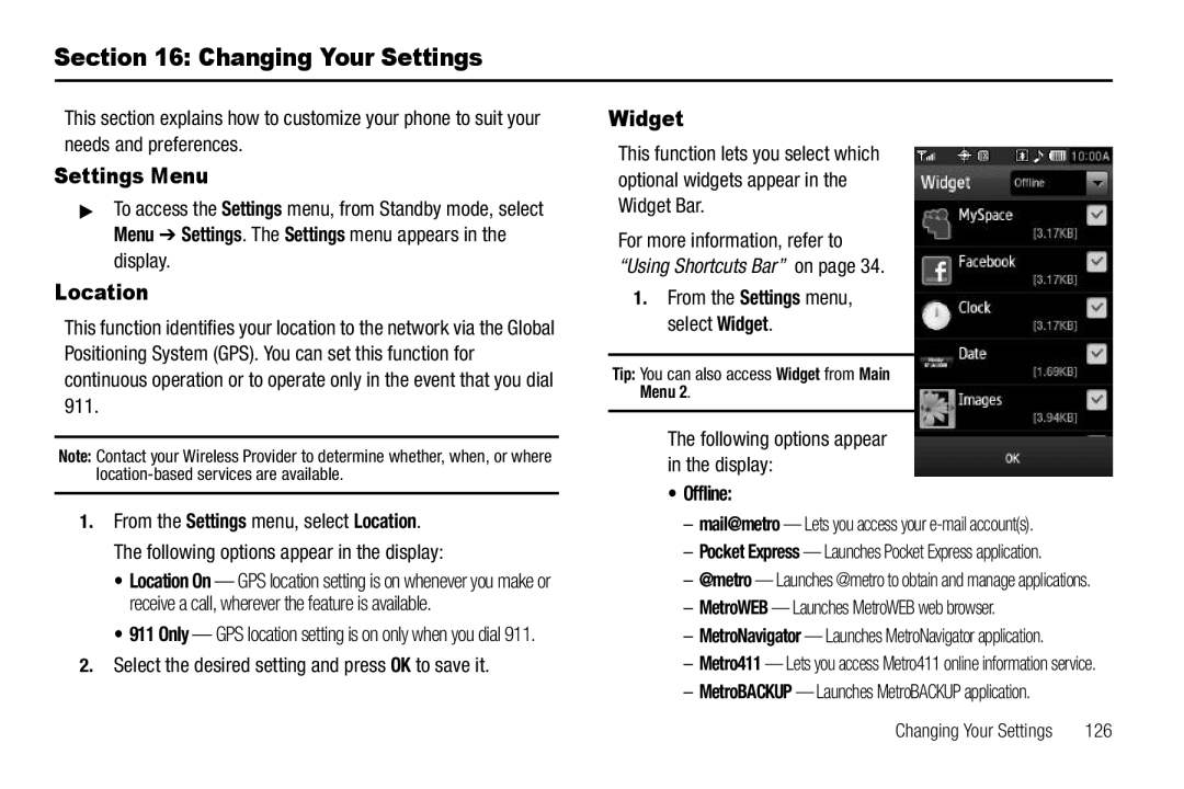 Samsung GH68-26316A user manual Changing Your Settings, Settings Menu, Location, Widget, Offline 