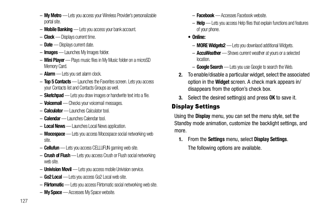 Samsung GH68-26316A user manual Display Settings, Alarm Lets you set alarm clock, Online 