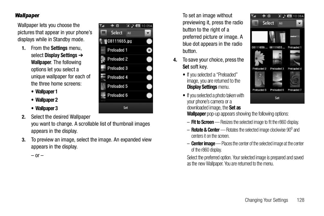 Samsung GH68-26316A user manual Wallpaper, To save your choice, press the Set soft key, 128 