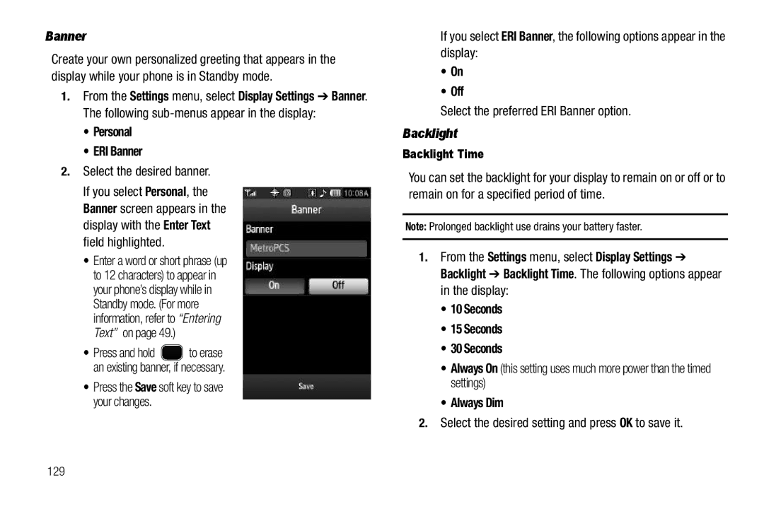 Samsung GH68-26316A user manual Personal ERI Banner, Select the preferred ERI Banner option, Always Dim, Backlight Time 