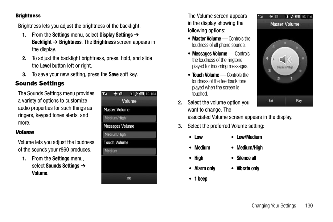 Samsung GH68-26316A Sounds Settings, Brightness lets you adjust the brightness of the backlight, Volume, Alarm only 