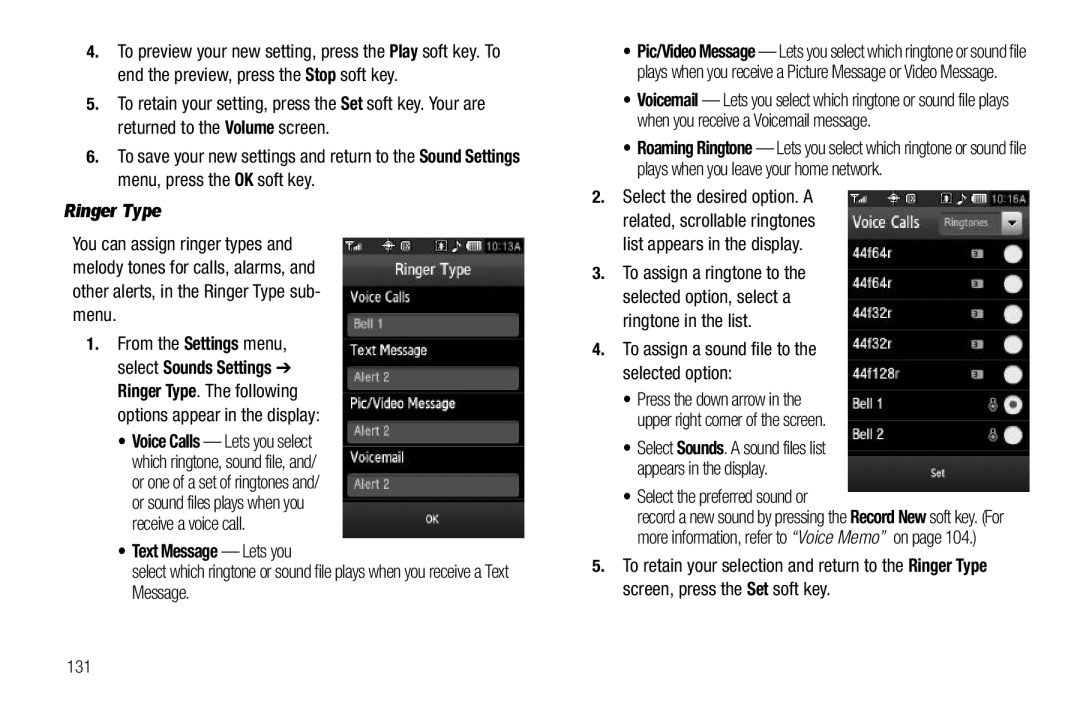 Samsung GH68-26316A user manual Ringer Type, Text Message Lets you, To assign a sound file to the selected option, 131 