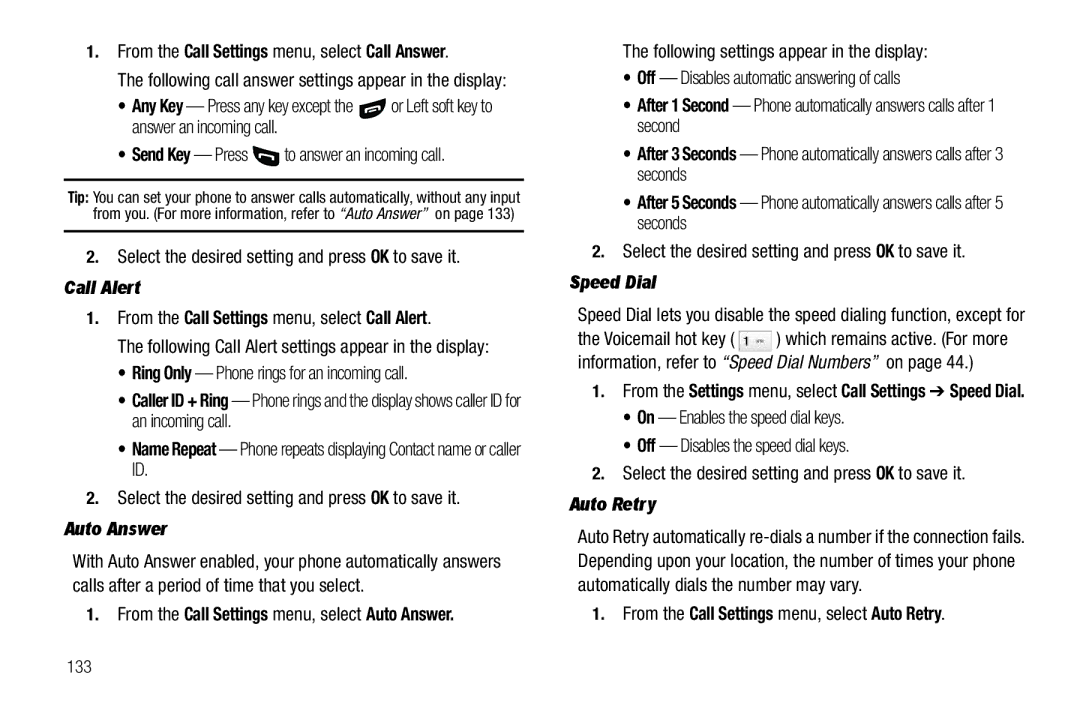 Samsung GH68-26316A user manual Call Alert, Auto Answer, Speed Dial, Auto Retry 