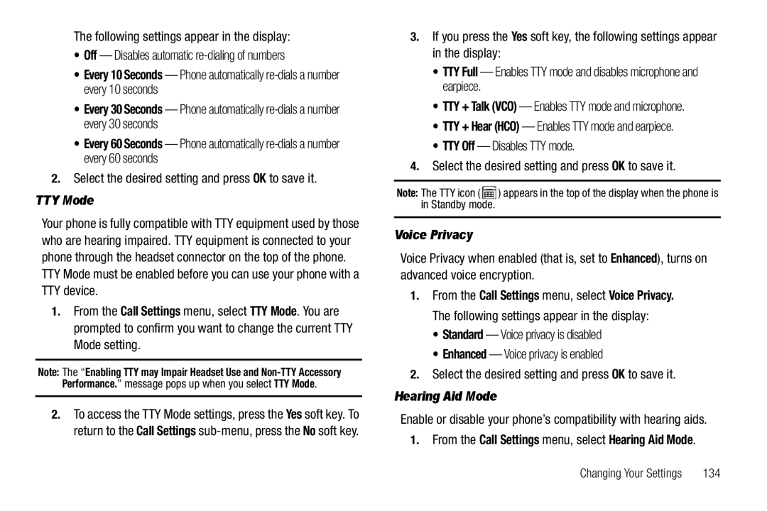 Samsung GH68-26316A user manual TTY Mode, Voice Privacy, From the Call Settings menu, select Hearing Aid Mode, 134 