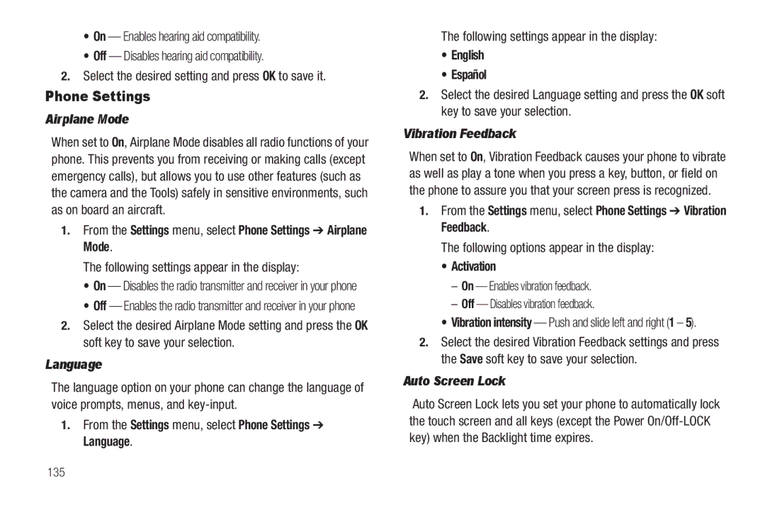 Samsung GH68-26316A user manual Language, Vibration Feedback, Auto Screen Lock 