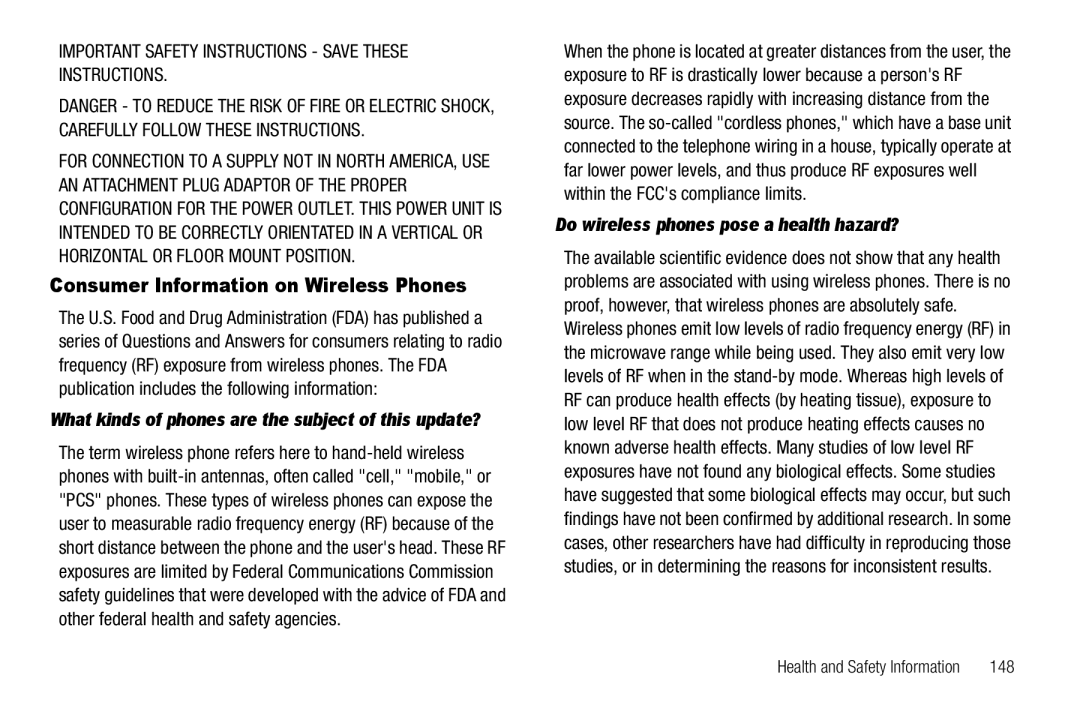 Samsung GH68-26316A user manual Consumer Information on Wireless Phones, Do wireless phones pose a health hazard?, 148 