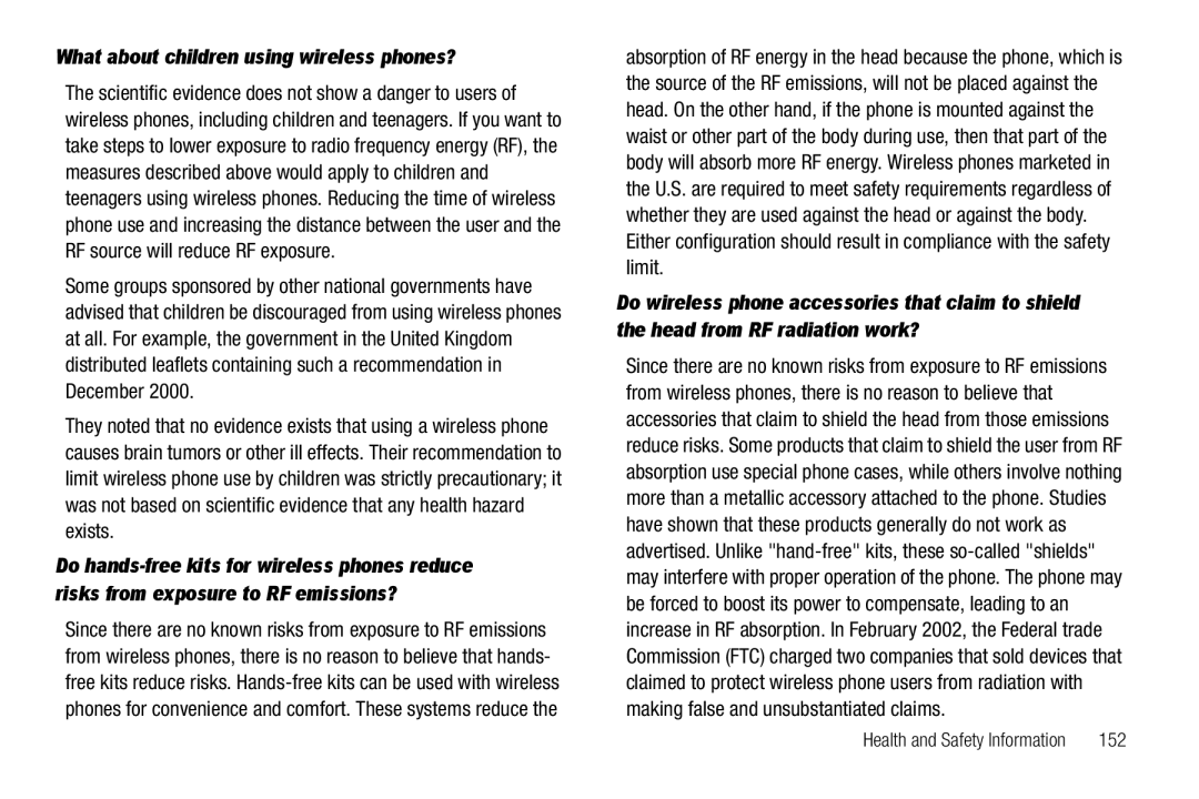 Samsung GH68-26316A user manual What about children using wireless phones?, 152 