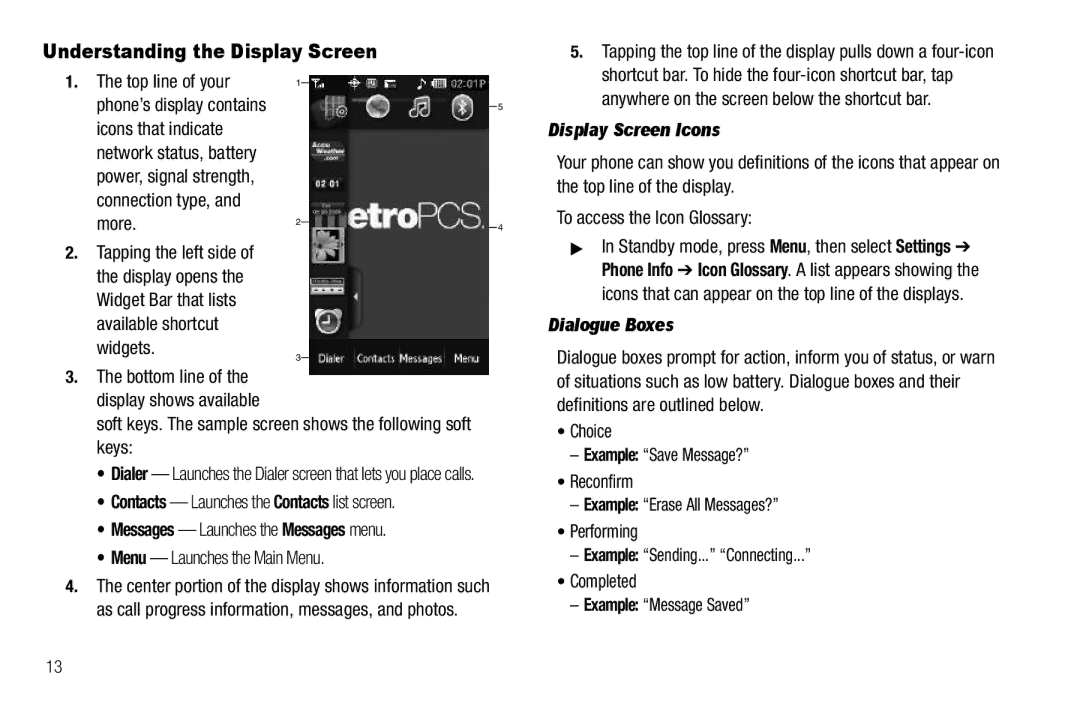 Samsung GH68-26316A user manual Understanding the Display Screen, Display Screen Icons, Dialogue Boxes 