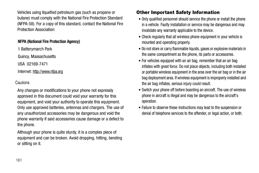 Samsung GH68-26316A user manual Other Important Safety Information, Nfpa National Fire Protection Agency, 161 