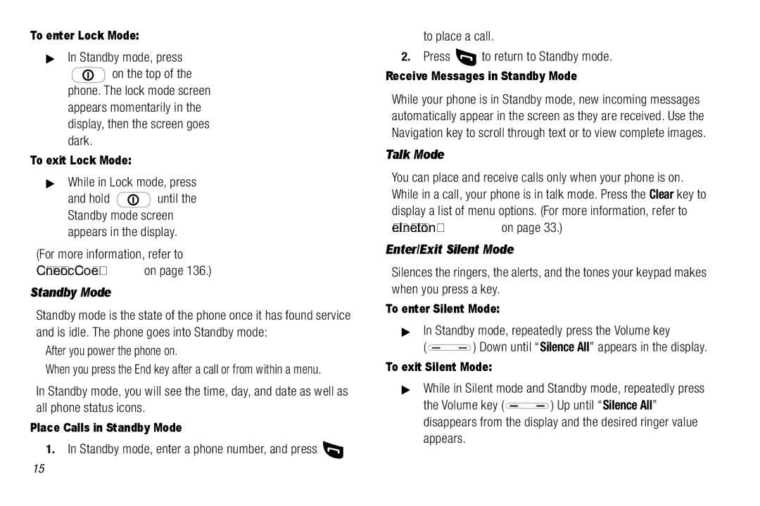 Samsung GH68-26316A user manual Standby Mode, Talk Mode, Enter/Exit Silent Mode 