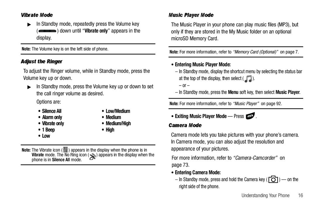 Samsung GH68-26316A user manual Vibrate Mode, Adjust the Ringer, Music Player Mode, Camera Mode 