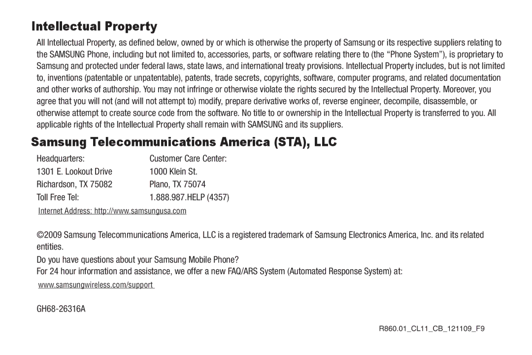 Samsung GH68-26316A user manual Intellectual Property, Headquarters 