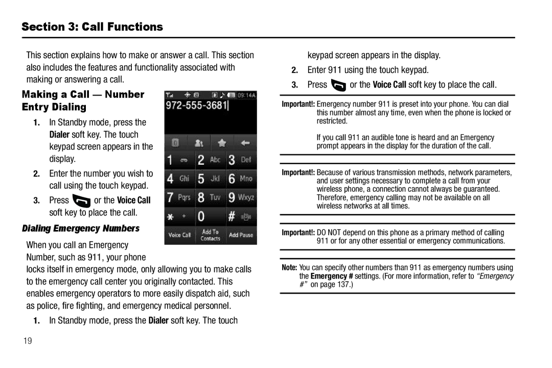 Samsung GH68-26316A user manual Call Functions, Making a Call Number Entry Dialing, Dialing Emergency Numbers 