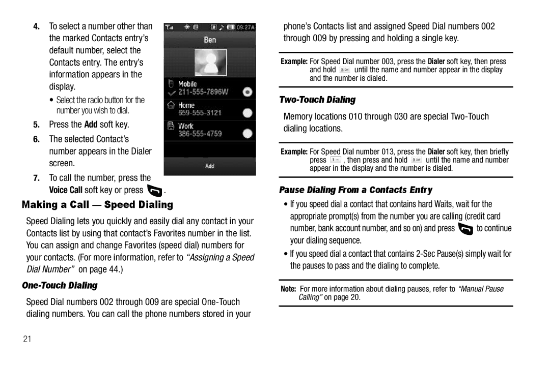 Samsung GH68-26316A Making a Call Speed Dialing, One-Touch Dialing, Two-Touch Dialing, Pause Dialing From a Contacts Entry 