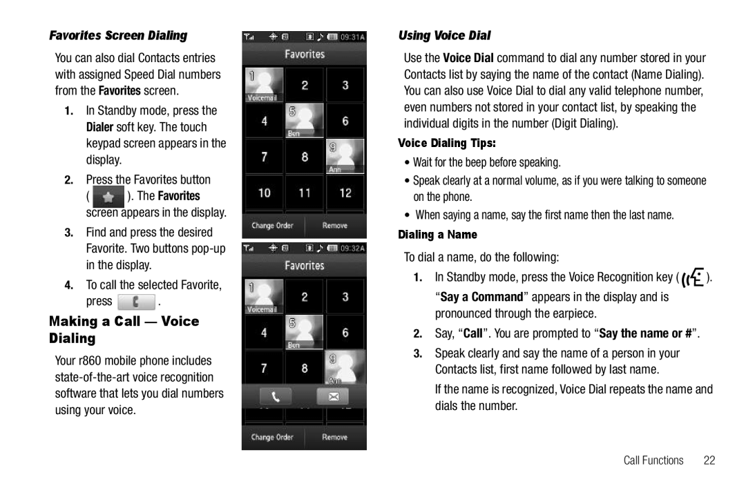 Samsung GH68-26316A user manual Making a Call Voice Dialing, Favorites Screen Dialing, Using Voice Dial 