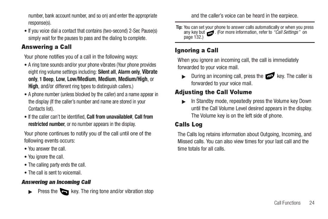 Samsung GH68-26316A Answering a Call, Ignoring a Call, Adjusting the Call Volume, Calls Log, Answering an Incoming Call 