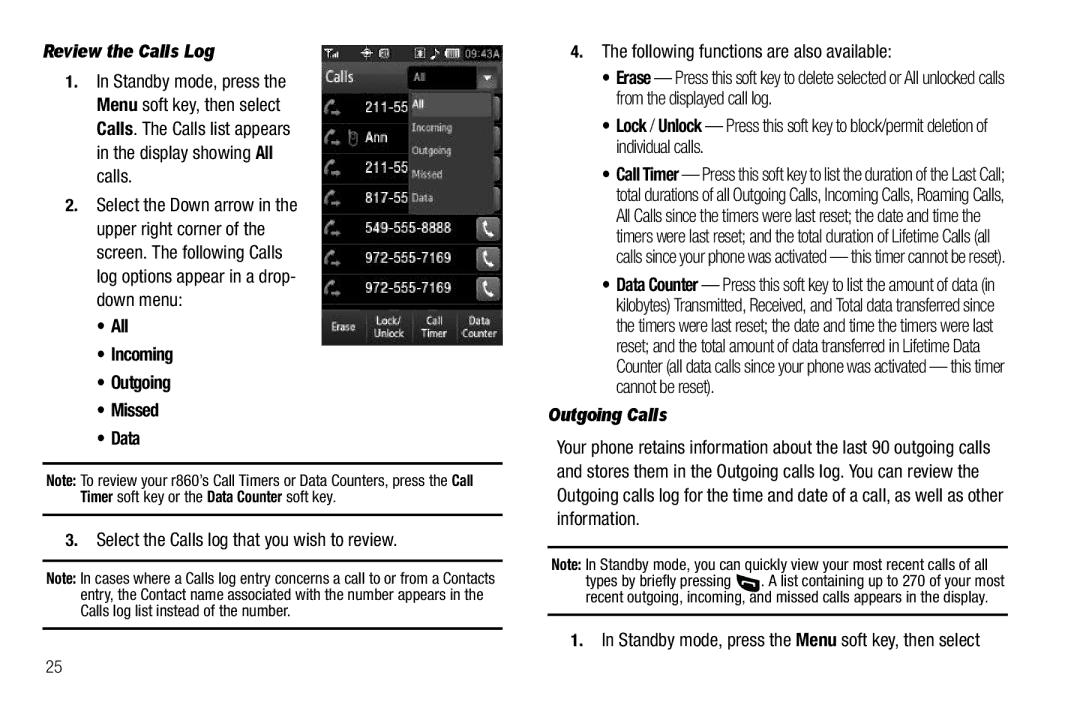 Samsung GH68-26316A user manual Review the Calls Log, All Incoming Outgoing Missed Data, Outgoing Calls 