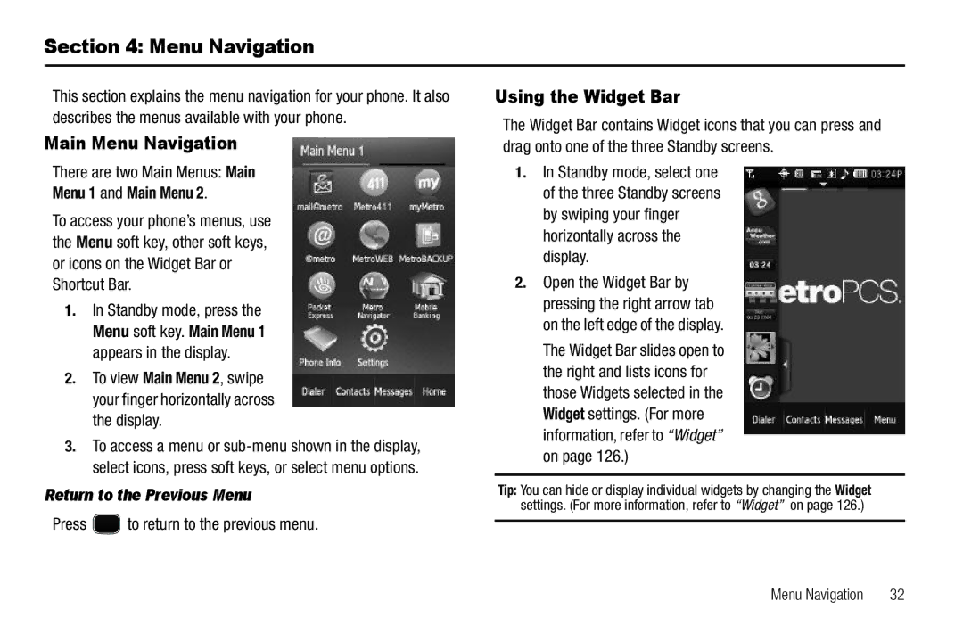 Samsung GH68-26316A Main Menu Navigation, Using the Widget Bar, Menu 1 and Main Menu, Return to the Previous Menu 