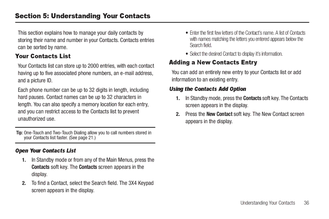 Samsung GH68-26316A user manual Understanding Your Contacts, Adding a New Contacts Entry, Open Your Contacts List 