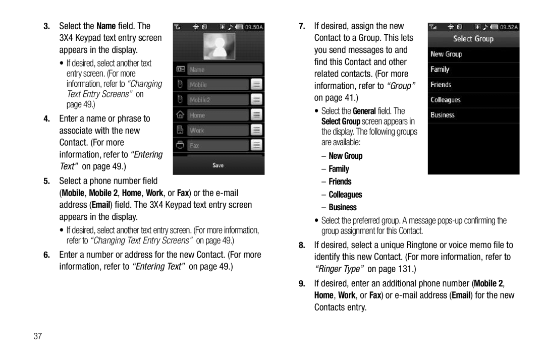 Samsung GH68-26316A Select the Name field, Select a phone number field, New Group Family Friends Colleagues Business 