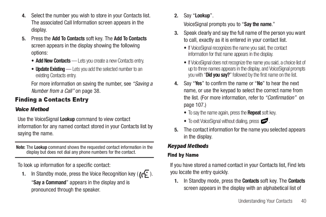 Samsung GH68-26316A user manual Finding a Contacts Entry, Voice Method, Keypad Methods, Find by Name 