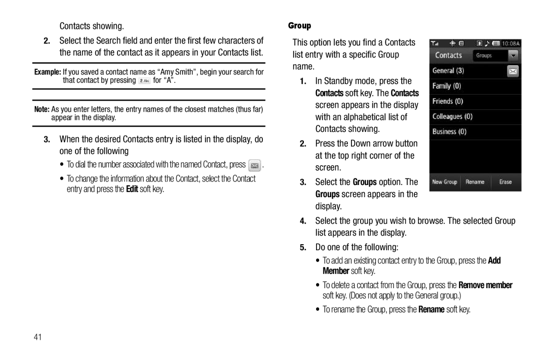 Samsung GH68-26316A Contacts showing, To rename the Group, press the Rename soft key, That contact by pressing for a 