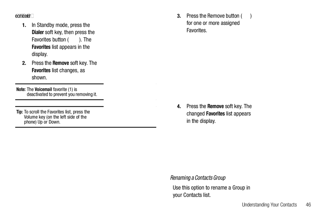 Samsung GH68-26316A user manual Renaming a Contacts Group, Removing Speed Dial Numbers, Favorites 