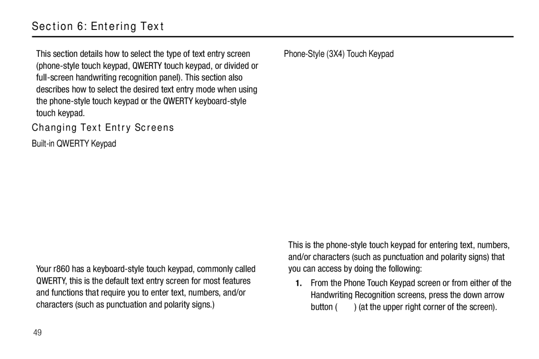 Samsung GH68-26316A Entering Text, Changing Text Entry Screens, Built-in Qwerty Keypad, Phone-Style 3X4 Touch Keypad 