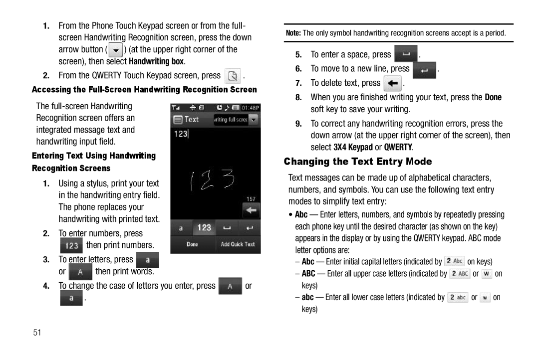 Samsung GH68-26316A user manual Changing the Text Entry Mode, To enter letters, press Then print words, Then print numbers 