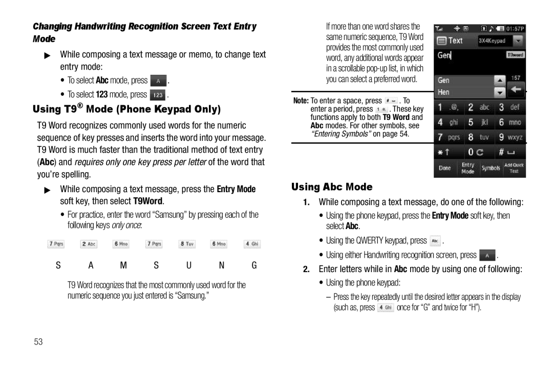 Samsung GH68-26316A user manual Using T9 Mode Phone Keypad Only, Using Abc Mode, Using the phone keypad 