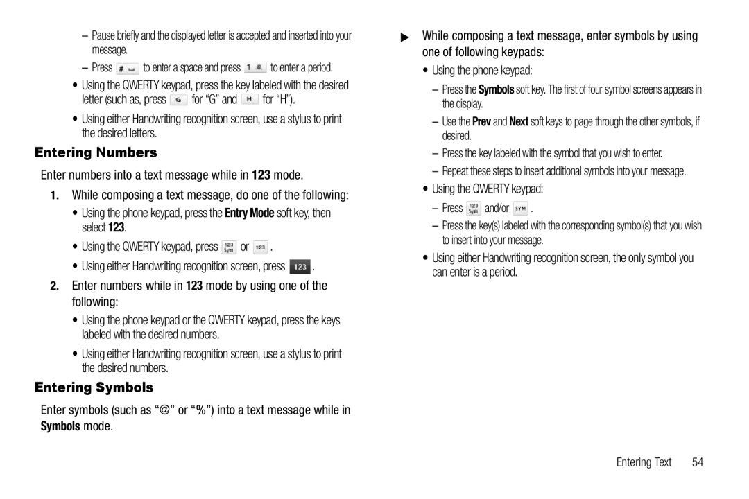 Samsung GH68-26316A user manual Entering Numbers, Entering Symbols, Symbols mode 