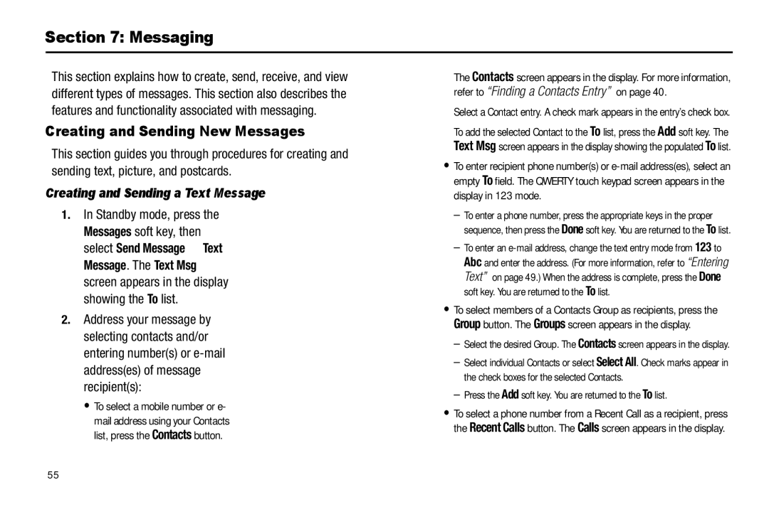 Samsung GH68-26316A user manual Messaging, Creating and Sending New Messages, Creating and Sending a Text Message 