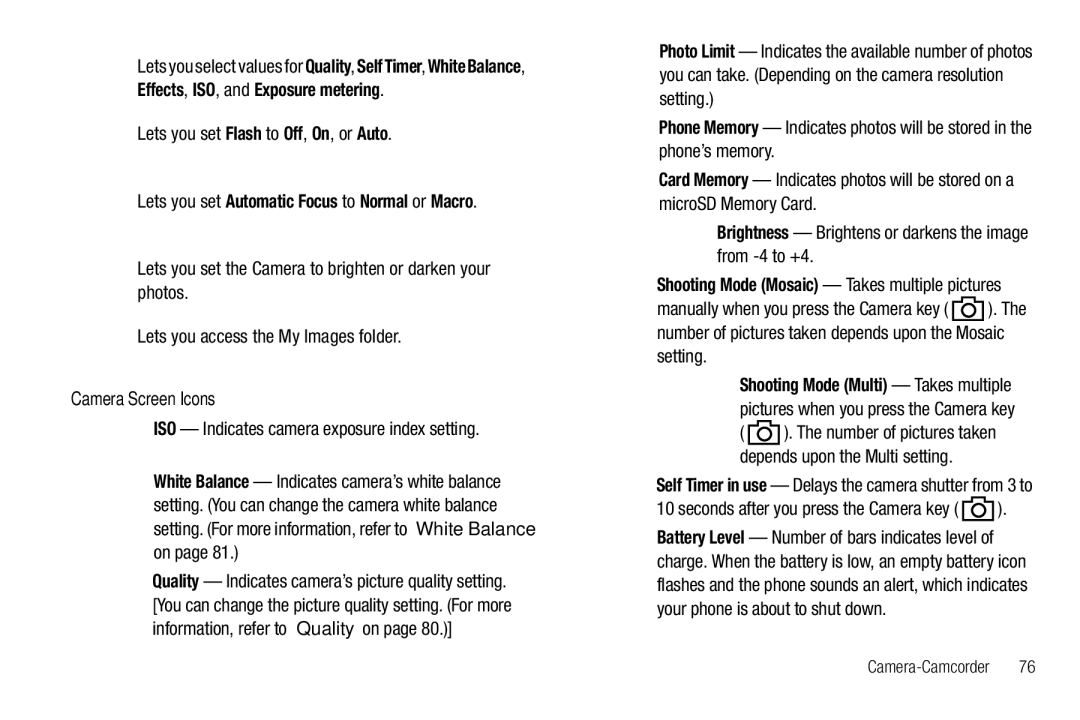 Samsung GH68-26316A user manual Lets you set Flash to Off, On, or Auto, Lets you set Automatic Focus to Normal or Macro 