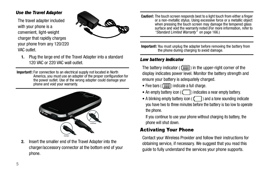 Samsung GH68-26316A Activating Your Phone, Use the Travel Adapter, Low battery indicator, Five bars indicate a full charge 