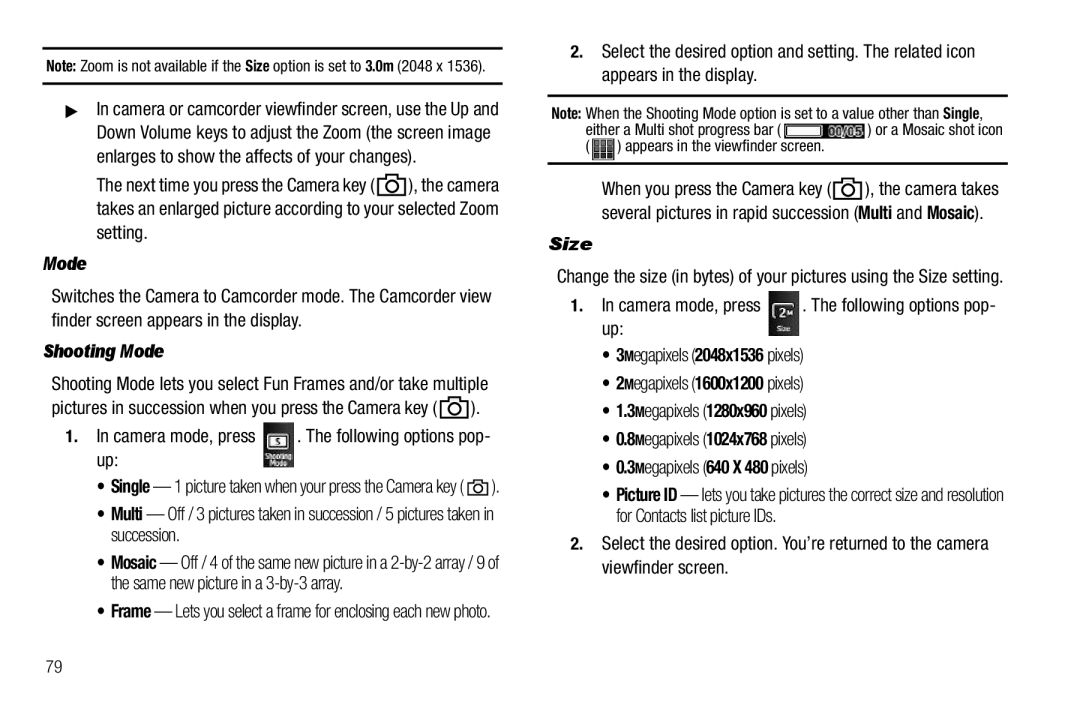 Samsung GH68-26316A user manual Setting, Shooting Mode, Size, Appears in the viewfinder screen 