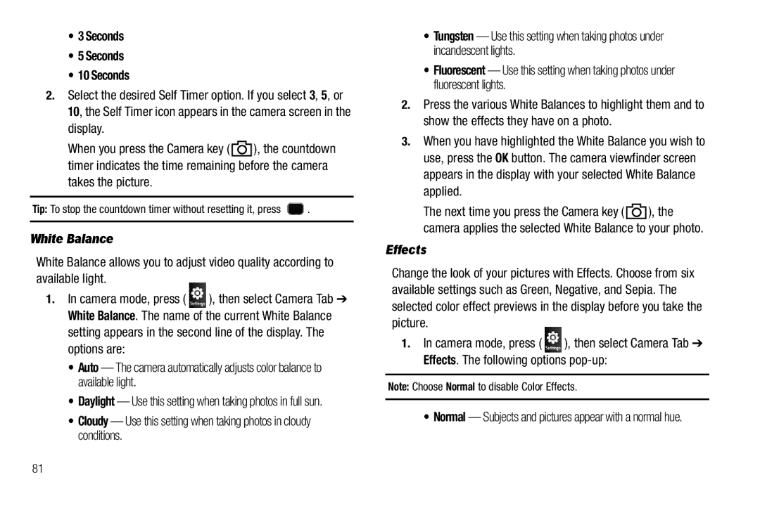 Samsung GH68-26316A user manual Seconds, Takes the picture, White Balance, Effects 