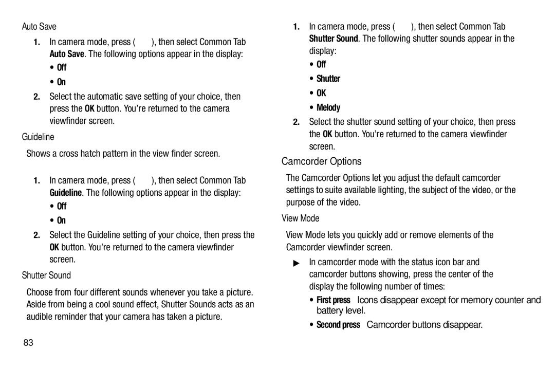 Samsung GH68-26316A user manual Camcorder Options, Auto Save, Guideline, Shutter Sound, Off Shutter Melody 