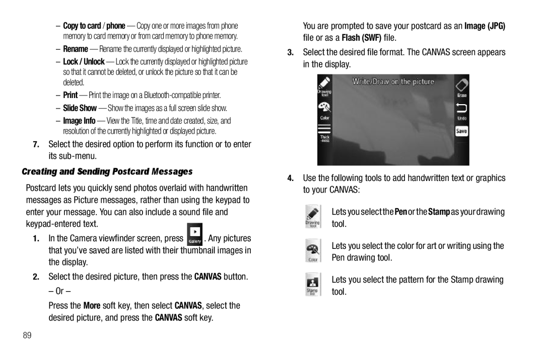 Samsung GH68-26316A Creating and Sending Postcard Messages, Select the desired picture, then press the Canvas button 