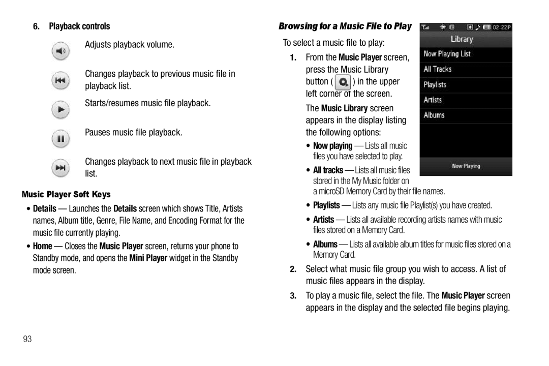 Samsung GH68-26316A Playback controls, Browsing for a Music File to Play, Left corner of the screen, Music Library screen 