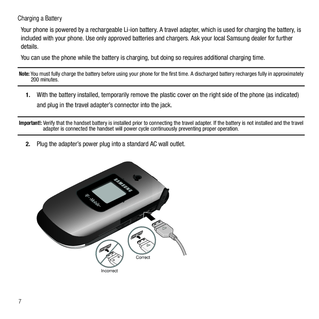 Samsung GH68-26667A user manual Charging a Battery, Plug the adapter’s power plug into a standard AC wall outlet 