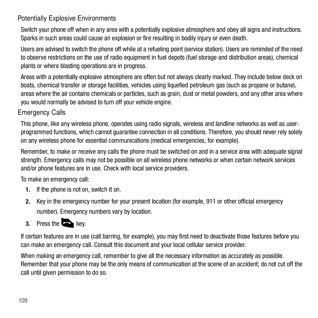 Samsung GH68-26667A user manual Potentially Explosive Environments, Emergency Calls 