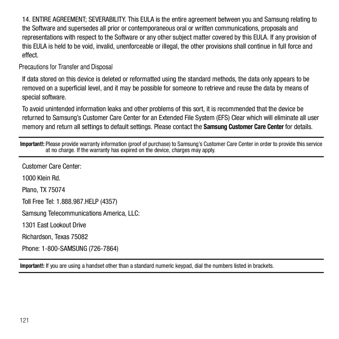 Samsung GH68-26667A user manual Precautions for Transfer and Disposal, Customer Care Center Klein Rd Plano, TX 