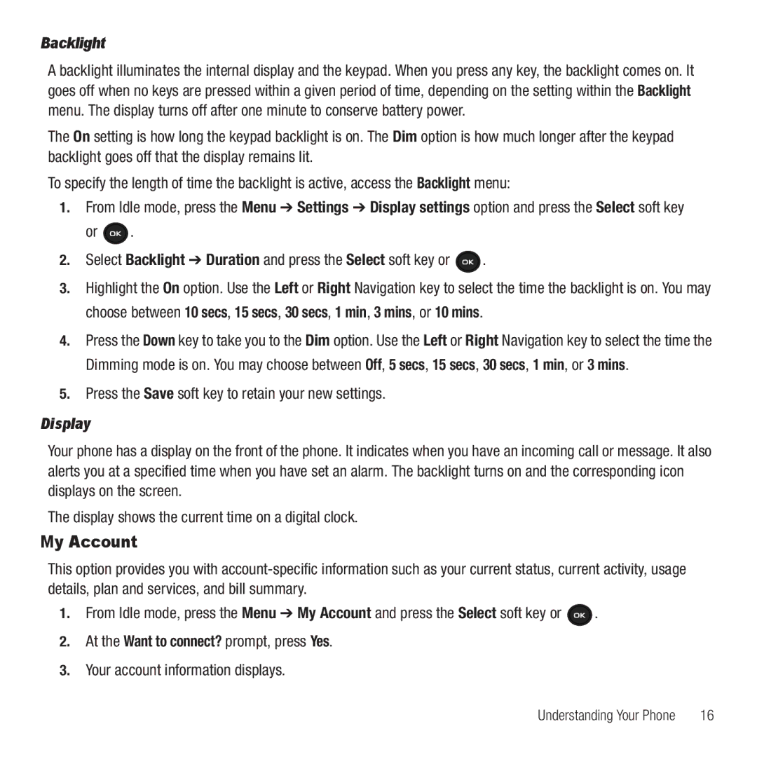 Samsung GH68-26667A user manual My Account, Select Backlight Duration and press the Select soft key or, Display 