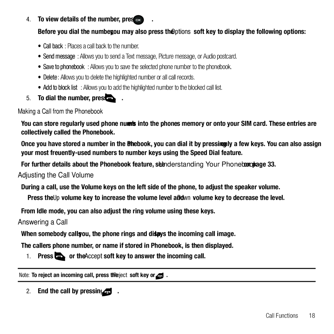 Samsung GH68-26667A user manual Adjusting the Call Volume, Answering a Call, To view details of the number, press 