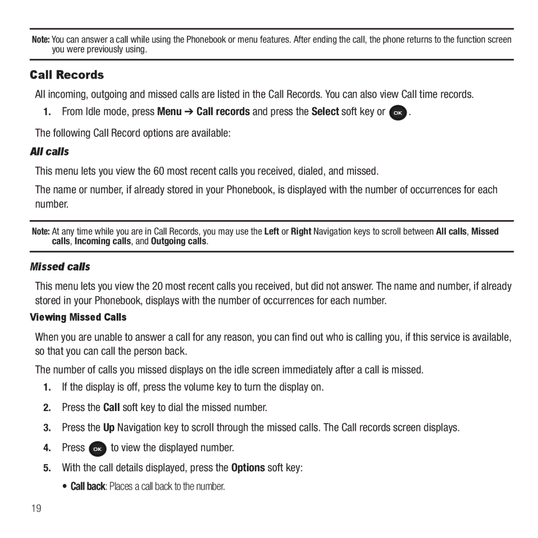 Samsung GH68-26667A user manual Call Records, All calls, Missed calls, Viewing Missed Calls 