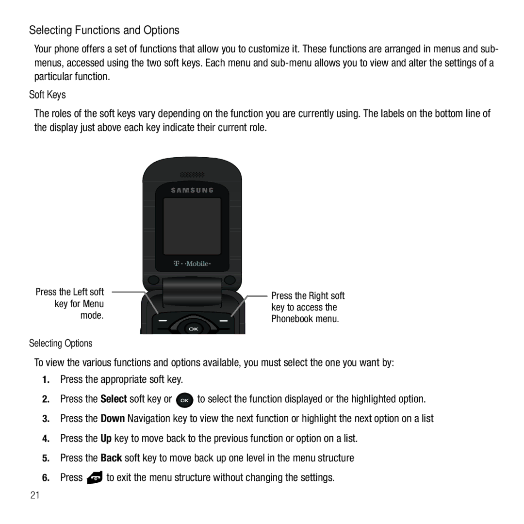 Samsung GH68-26667A user manual Selecting Functions and Options, Soft Keys, Selecting Options 