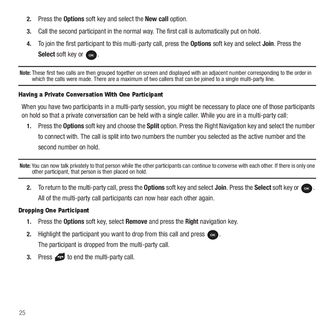 Samsung GH68-26667A user manual Select soft key or, Press to end the multi-party call, Dropping One Participant 