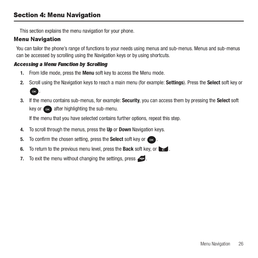 Samsung GH68-26667A user manual Menu Navigation, This section explains the menu navigation for your phone 