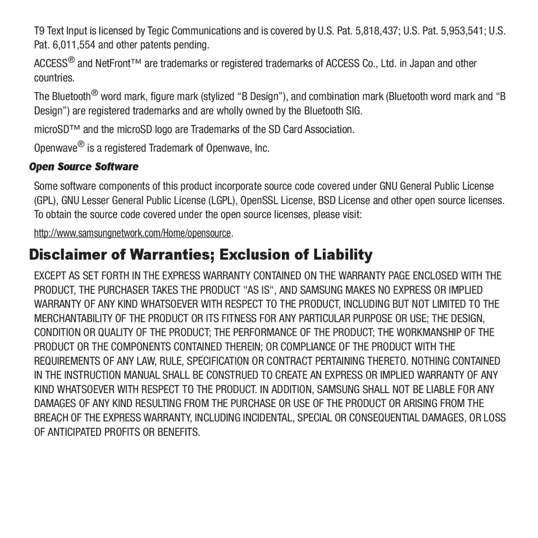 Samsung GH68-26667A user manual Disclaimer of Warranties Exclusion of Liability, Open Source Software 