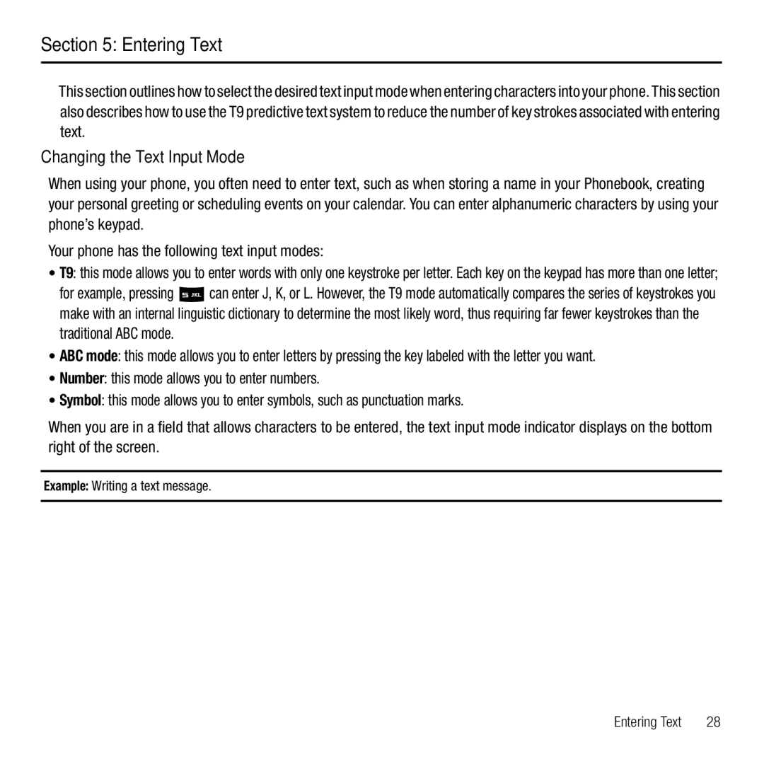 Samsung GH68-26667A user manual Entering Text, Changing the Text Input Mode, Traditional ABC mode 